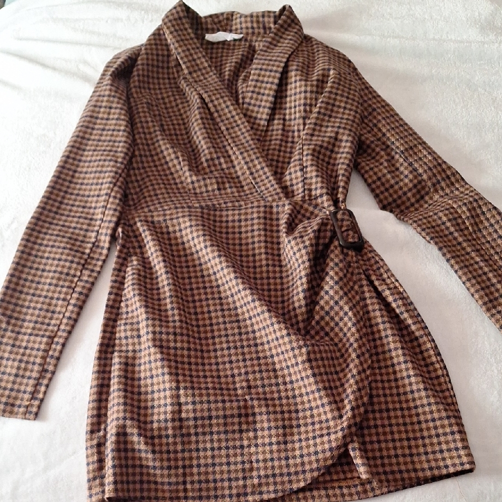Brown Plaid Wrap Mini Dress